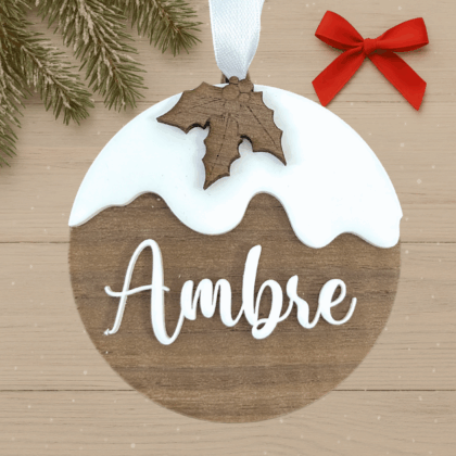 Boule Noël neige et bois - personnalisable