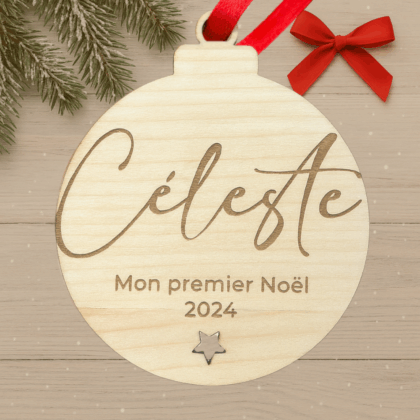 Boule de Noël en Bois Gravée - Mon Premier Noël étoile